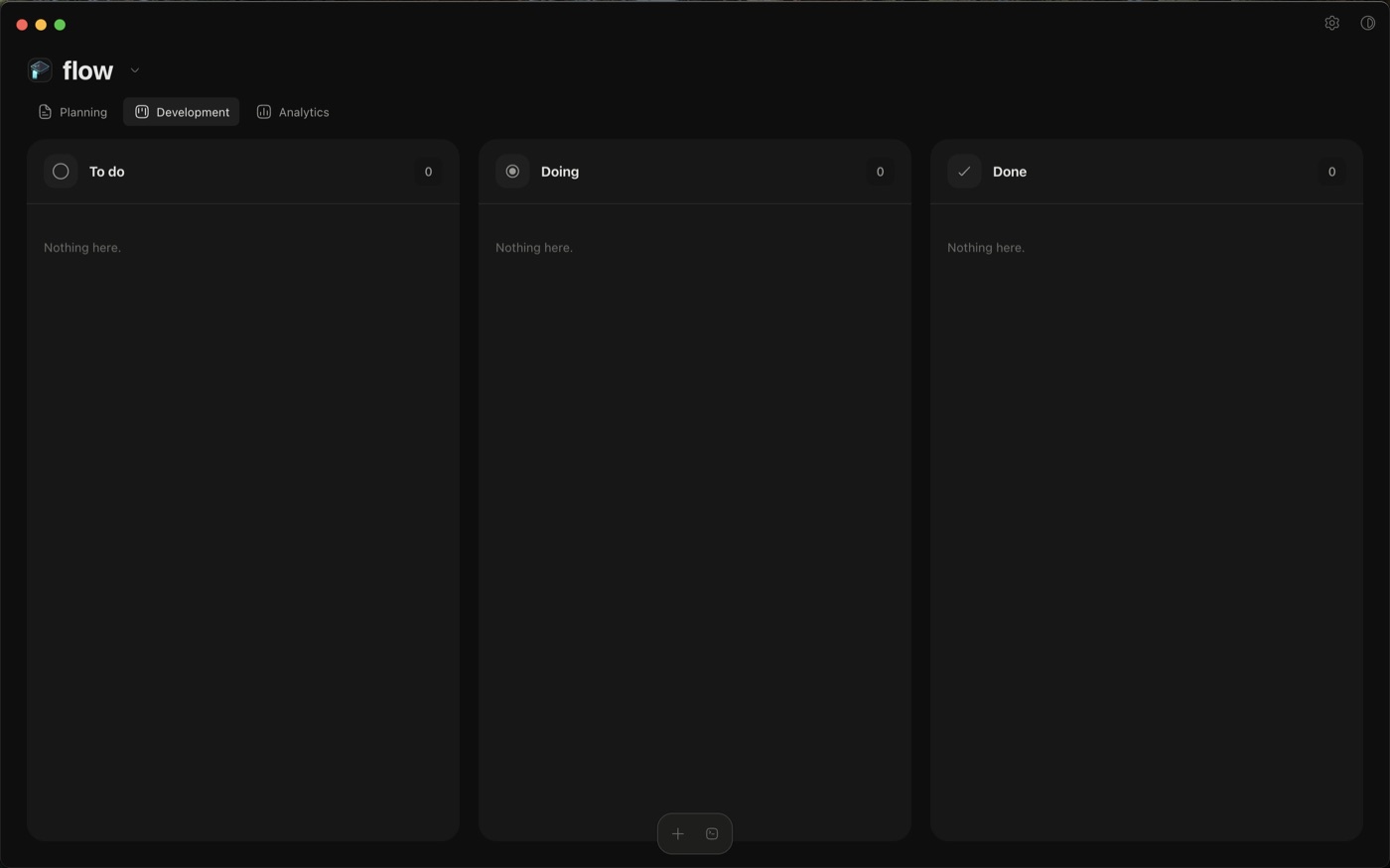 Flow development board with to do, doing and done columns