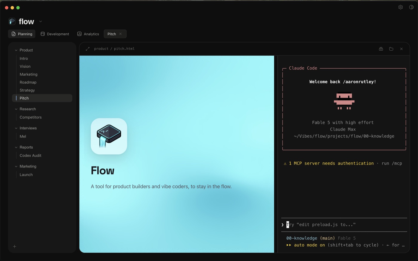 Flow planning view: the pitch doc open beside a Claude Code terminal