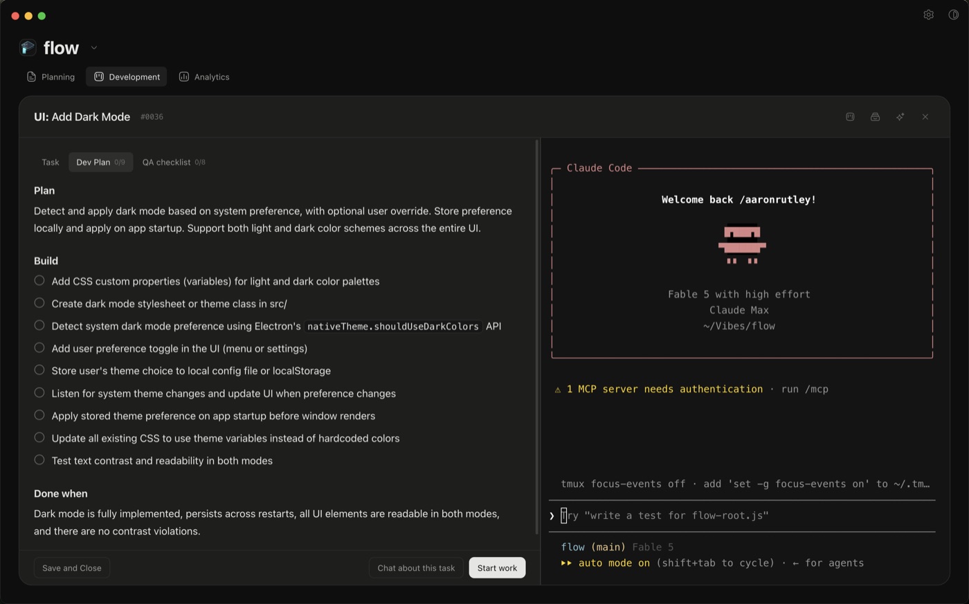 A task in Flow with a dev plan beside a Claude Code terminal